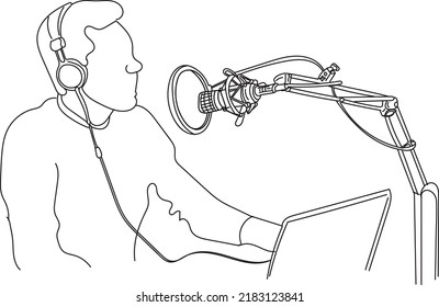Podcast Man Vector, Sketch drawing of man doing podcast on mic, Silhouette of podcast setup with man, Line art illustration of podcast doing professional man