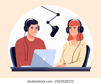 Podcast man and women cartoon style vector