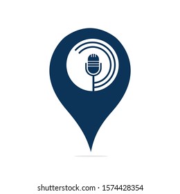 Podcast and map pin logo design. Studio table microphone with broadcast icon design.
