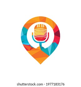 Podcast and map pin logo design. Studio table microphone with broadcast icon design.