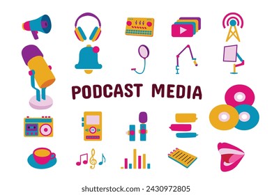 Podcast Media Flat Vector Illustration Icon Sticker Set Design Materials