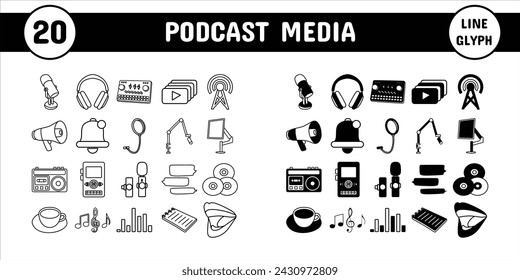 Podcast Media Line Glyph Vector Illustration Icon Sticker Set Design Materials