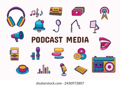 Podcast Media Lineal Color Vector Illustration Icon Sticker Set Design Materials