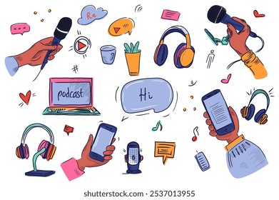 Podcast mega set elements in flat graphic design. Collection objects of different microphones in hands, speech bubbles, headphones, play buttons, listening app, laptop, other. Vector illustration.