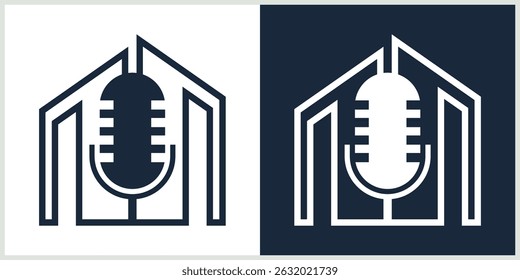 Podcast mic building logo icon Design Illustration. Building and microphone logo icon design template silhouette black.