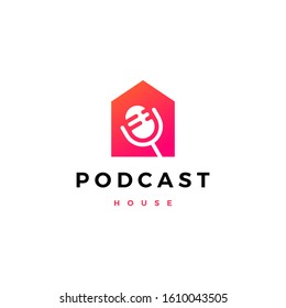 podcast mic house home logo vector icon illustration	