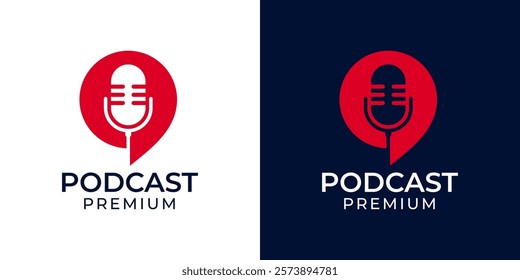 Podcast mic logo design template vector. Microphone talk chat bubble vector logo. Microphone icon logo illustration vector for podcast, music, radio, voice, education, studio, channel, social media.