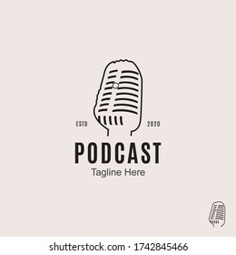 Podcast Mic logo Design Template-Podcast station. Logo template with a retro microphone. Design element for logo, label, emblem, sign.