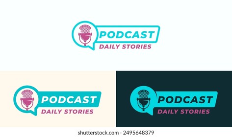 Podcast Mic Logo Templates Set. Retro Radio Broadcasting Microphone with Typography and Speech Bubble Symbol. Media Audio Show Emblems Design Bundle. Isolated