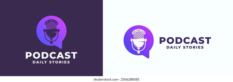 Podcast Mic Logo Templates Set. Retro Radio Broadcasting Microphone with Typography and Speech Bubble Symbol. Media Audio Show Gradient Emblems Design Bundle. Isolated