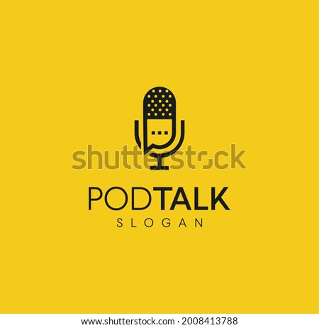 Podcast mic with talk chat bubble logo icon design Vector illustration. broadcast logo studio template. pictogram for web site design and mobile apps