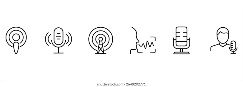 Podcast microphone audio broadcast voice wave signal studio host speak communication network icon vector illustration for digital platform.