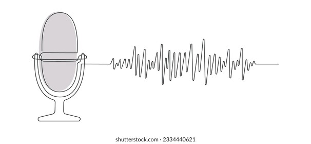 Micrófono de podcast con pista de audio dibujada en una línea continua en color. Dibujo de una línea, minimalismo. Ilustración vectorial.