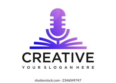 Podcast with microphone and book logo inspiration. design template, vector illustration.