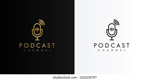 Podcast microphone broadcast radio. Modern gold icon template logo vector design