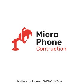 Podcast microphone with building icon logo design, icon design vector illustration. broadcast logo studio construction template