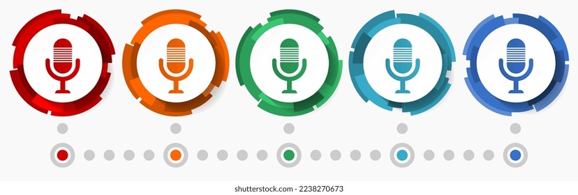 Podcast, microphone concept vector icon set,  modern design abstract web buttons in 5 color options, infographic template for webdesign and mobile apps