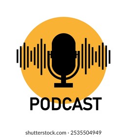 Podcast microphone icon. Audio broadcast symbol. Sound waves detail. Yellow background circle.