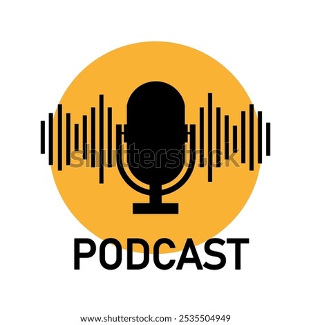 Podcast microphone icon. Audio broadcast symbol. Sound waves detail. Yellow background circle.