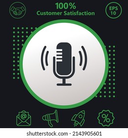 Icono de podcast y micrófono. Fondo de colores verde y negro. diseño moderno