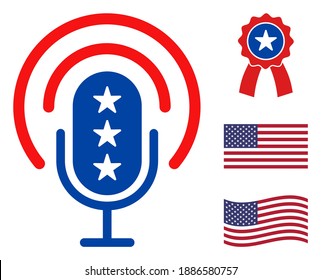 Podcast microphone icon in blue and red colors with stars. Podcast microphone illustration style uses American official colors of Democratic and Republican political parties, and star shapes.