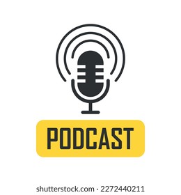 Podcast microphone icon in flat style. Audio interview vector illustration on isolated background. Studio speaker sign business concept.