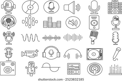 Podcast Microphone icon set for logo and T-Shirt. Thin line art editable stroke.