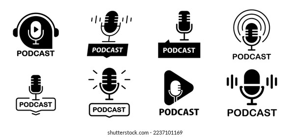 Podcast. Microphone icon. Set of radio podcast icons. Webinar, online training, radio show or audio blog podcast concept. Webcast audio record concept. Vector flat illustration, icons, logo design