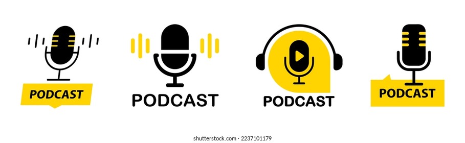 Podcast. Microphone icon. Set of radio podcast icons. Webinar, online training, radio show or audio blog podcast concept. Webcast audio record concept. Vector flat illustration, icons, logo design