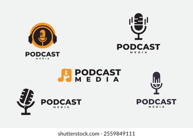 Podcast. Microphone icon. Set of radio podcast icons. Webinar, online training, radio show or audio blog podcast concept. Webcast audio record concept.