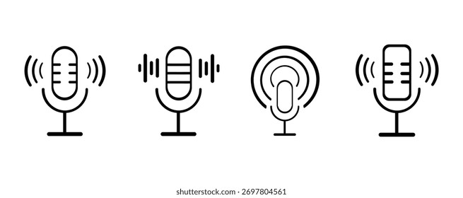 Podcast e microfone ícones conjunto, radiodifusão, gravação de áudio, comunicação vetor design