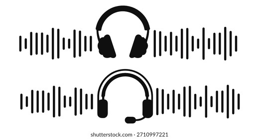 Iconos de micrófono de podcast con Elementos de ondas sonoras en contorno y estilos sólidos perfectos para grabar música de audio 