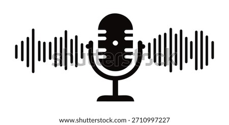 Podcast microphone icons with soundwave elements in outline and solid styles perfect for audio music recording 