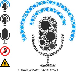 Podcast microphone mosaic icon. Vector mosaic constructed with randomized bacilla icons. Viral collage podcast microphone icon, and other icons. Podcast microphone mosaic for pandemic templates.