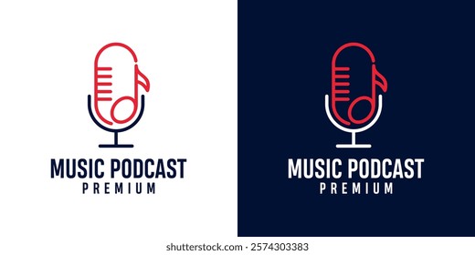 Podcast microphone and music note icon logo illustration design for sound recording studio, vocal course, composer. Singer musician artist celebrities karaoke music logo design illustration.