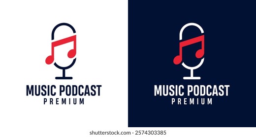 Podcast microphone and music note icon logo illustration design for sound recording studio, vocal course, composer. Singer musician artist celebrities karaoke music logo design illustration.