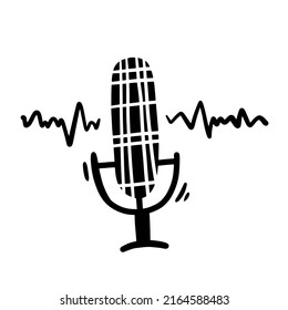 Podcast microphone on time icon doodle hand drawn in vector. Scribble sketch monochrome drawing.