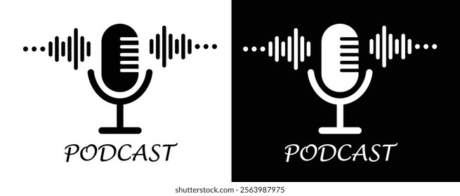 Podcast microphone sound wave icon vector. Podcast player symbol.  Your brand podcast icon. Radio Podcast symbol. Microphone logo. Webcast audio record concept. Interview mic icon set. Audio record.