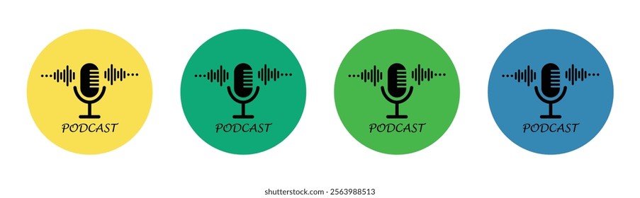 Podcast microphone sound wave icon vector. Podcast player symbol.  Your brand podcast icon. Radio Podcast symbol. Microphone logo. Webcast audio record concept. Interview mic icon set. Audio record.