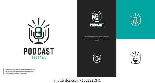 podcast microphone, with sound wave visuals, classic style, logo design illustration.