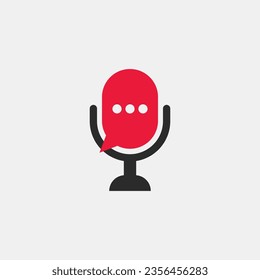 Podcast, micrófono y voz. Ilustración plana vectorial, icono, logotipo y diseño de iconos en fondo gris.