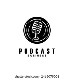 Podcast with microphone. Unique business podcast logo emblem design template.