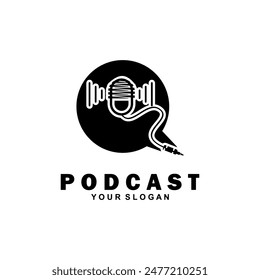 Podcast with microphone. Unique business podcast logo emblem design template.