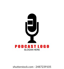 Podcast with microphone. Unique business podcast logo emblem design template.
