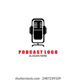Podcast with microphone. Unique business podcast logo emblem design template.