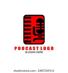 Podcast with microphone. Unique business podcast logo emblem design template.