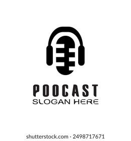 Podcast with microphone. Unique business podcast logo emblem design template.