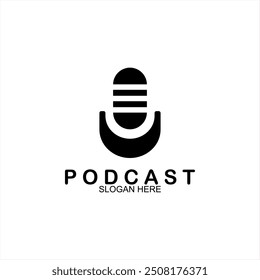 Podcast with microphone. Unique business podcast logo emblem design template.