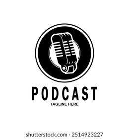 Podcast with microphone. Unique business podcast logo emblem design template.