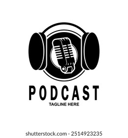 Podcast with microphone. Unique business podcast logo emblem design template.